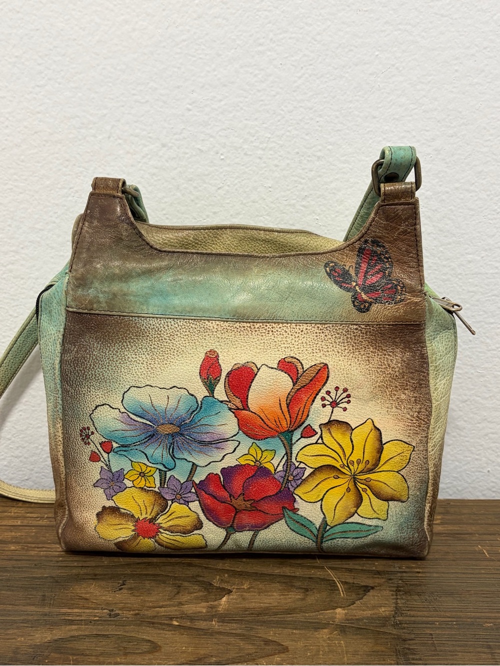 Anuschka Vintage Leather Hand Painted Floral Butterfly Dragonfly Shoulder Bag